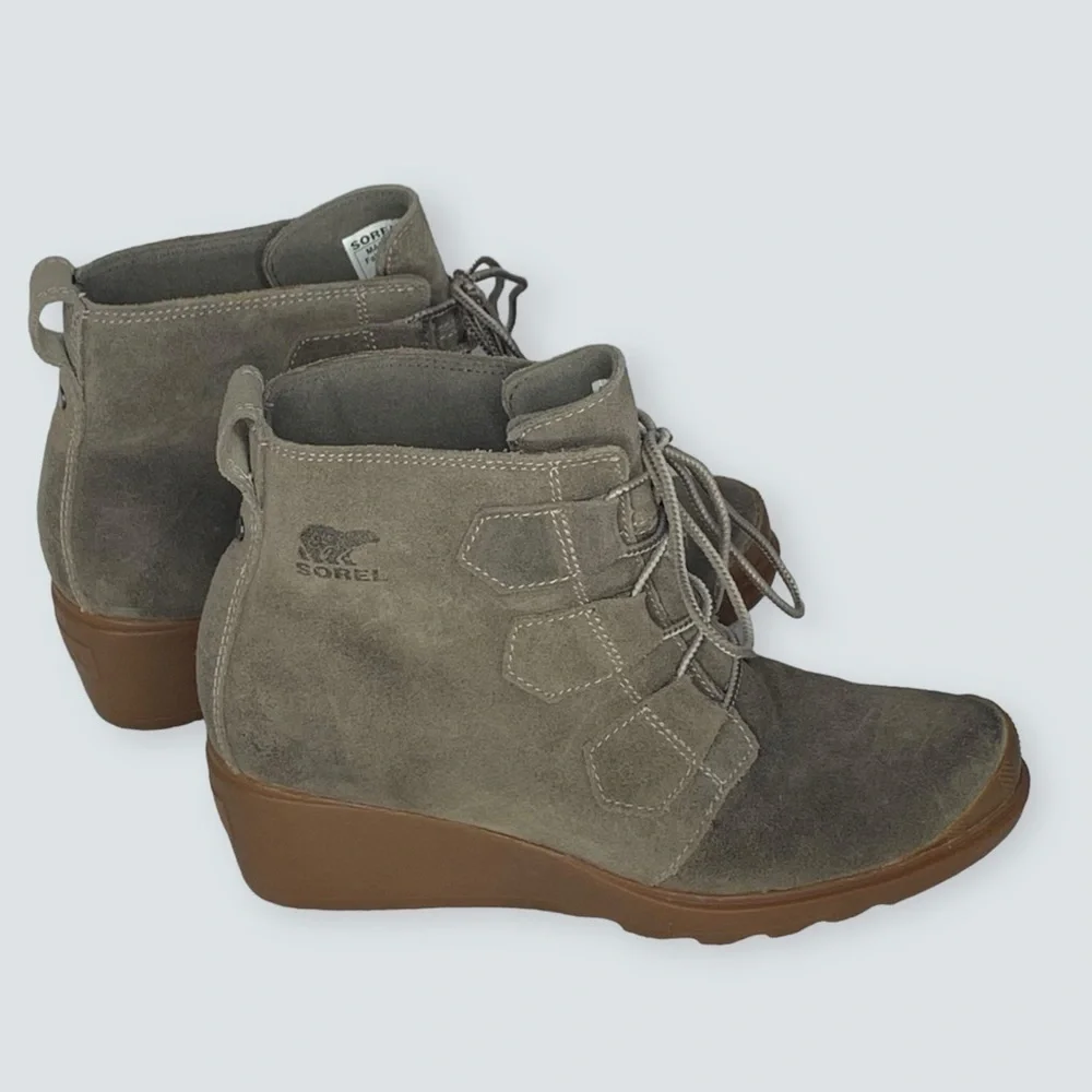 Sorel Wedges in Taupe Suede with Gum Soles